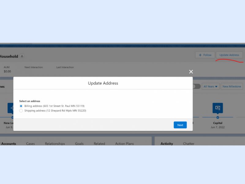 Tính năng Update Address trong Salesforce Financial Services Cloud (FSC)